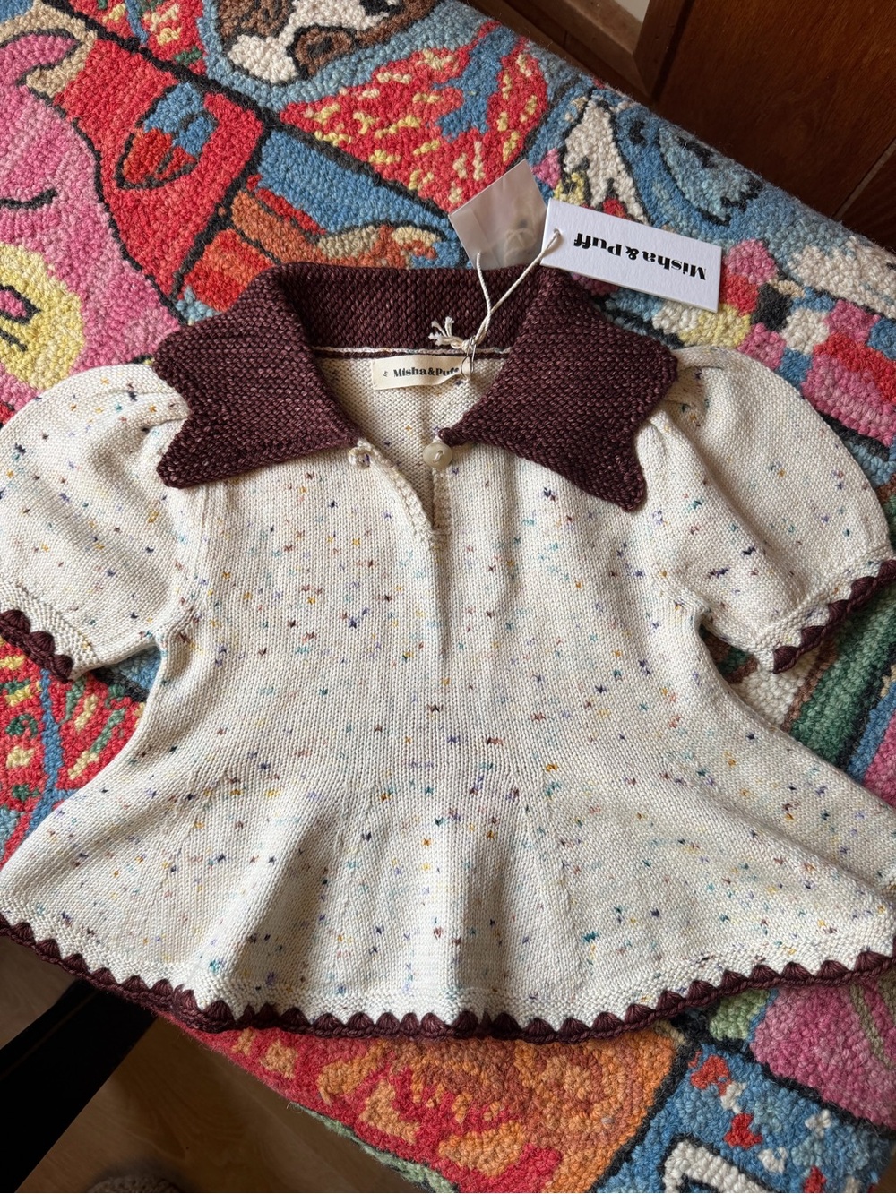 NWMisha &Puff Cream Speckled Knit Top with Brown Collar